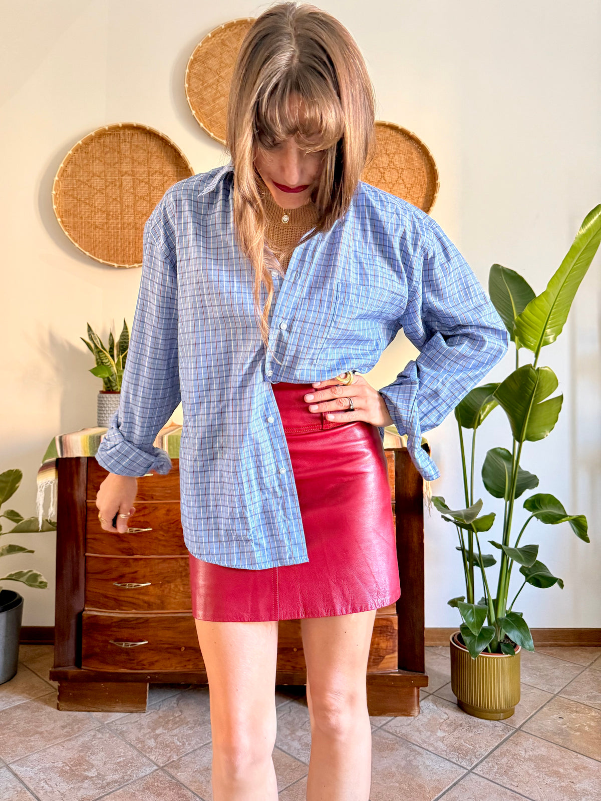 1970's vintage light blue and chocolate brown plaid shirt