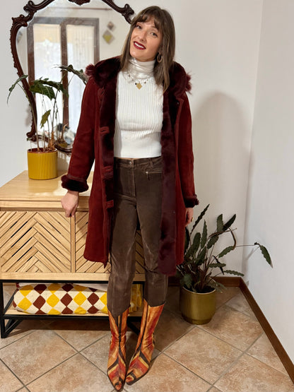 1970's vintage burgundy shearling montone coat with detachable hood