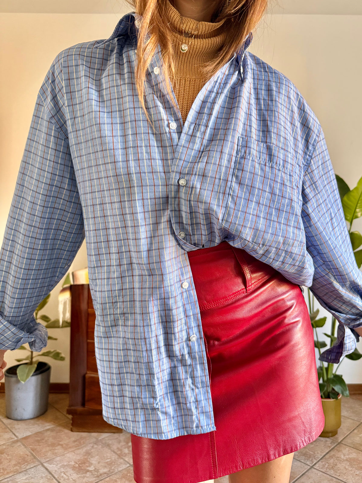 1970's vintage light blue and chocolate brown plaid shirt