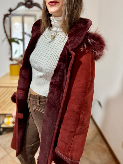 1970's vintage burgundy shearling montone coat with detachable hood