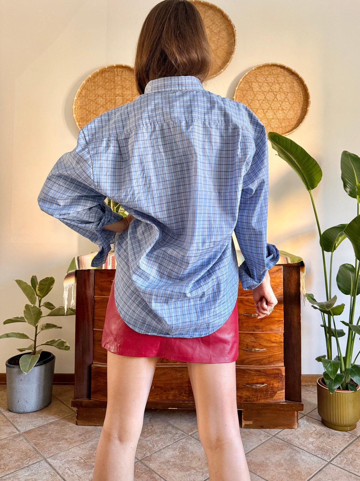 1970's vintage light blue and chocolate brown plaid shirt