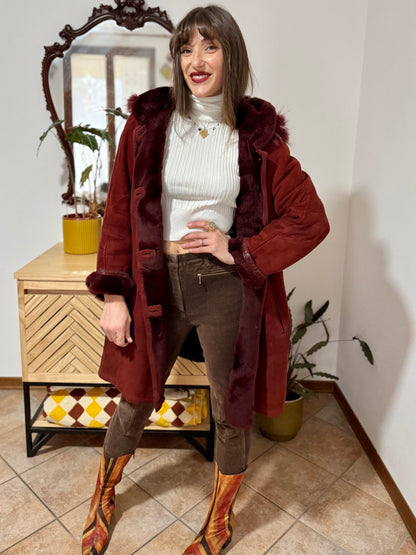 1970's vintage burgundy shearling montone coat with detachable hood