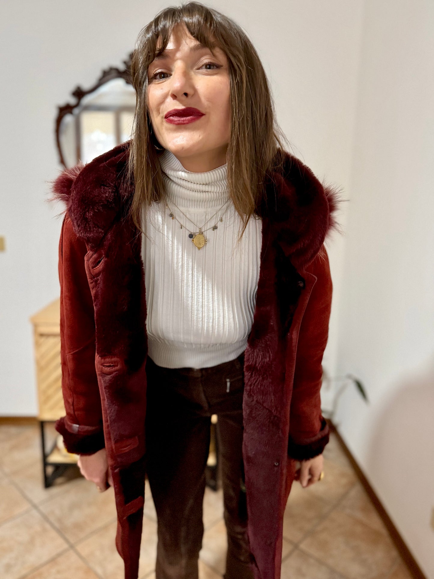 1970's vintage burgundy shearling montone coat with detachable hood