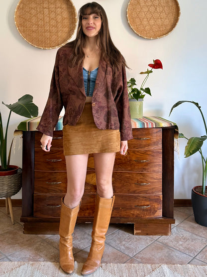 1970's vintage chocolate brown floral linen blazer