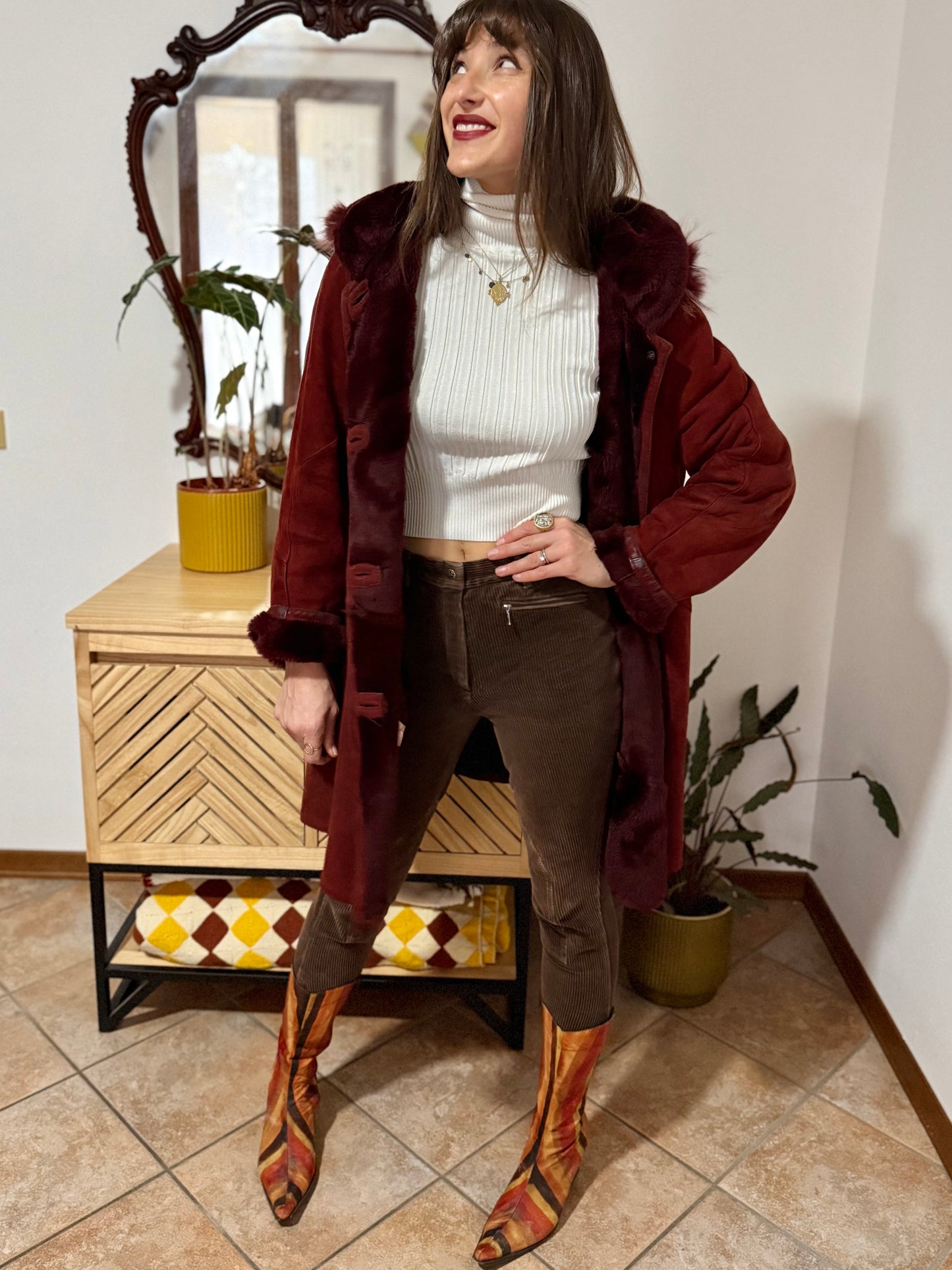 1970's vintage burgundy shearling montone coat with detachable hood