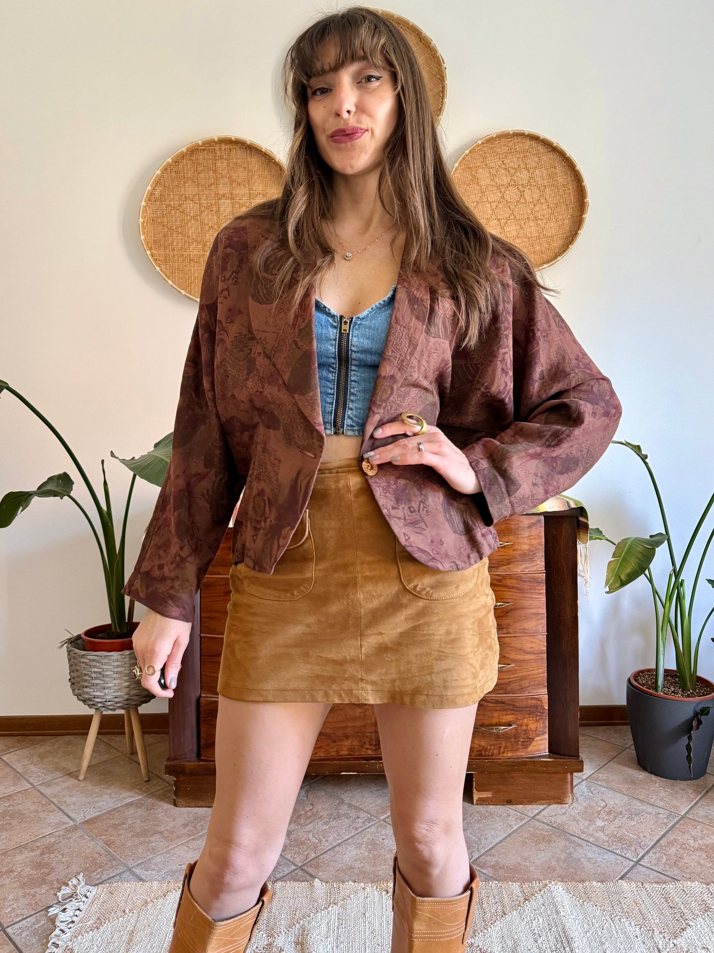 1970's vintage chocolate brown floral linen blazer