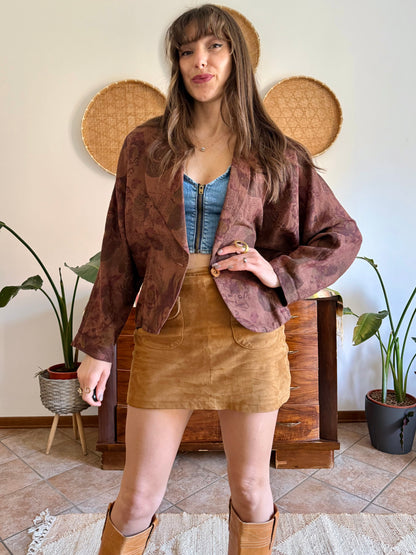 1970's vintage chocolate brown floral linen blazer