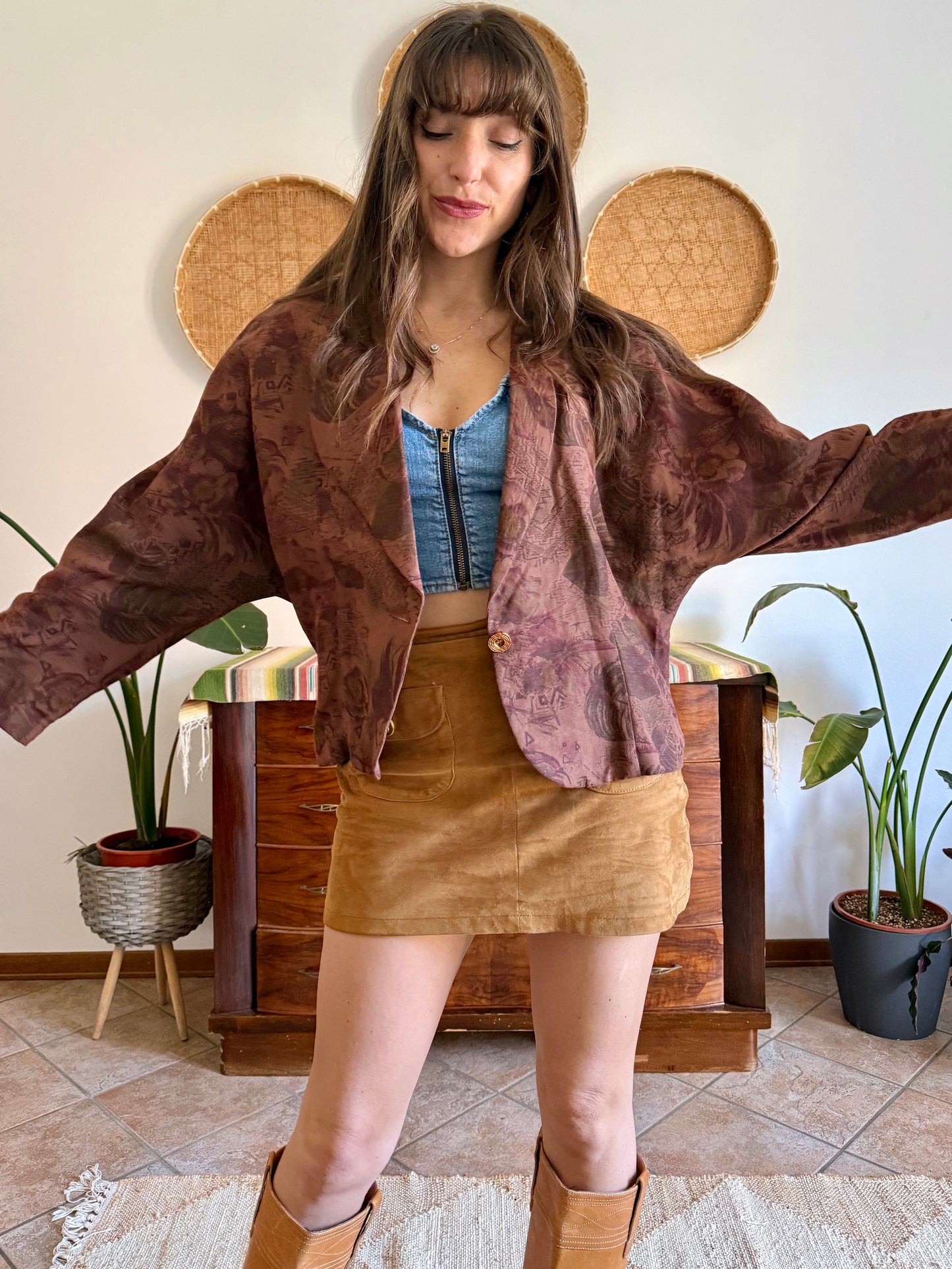 1970's vintage chocolate brown floral linen blazer