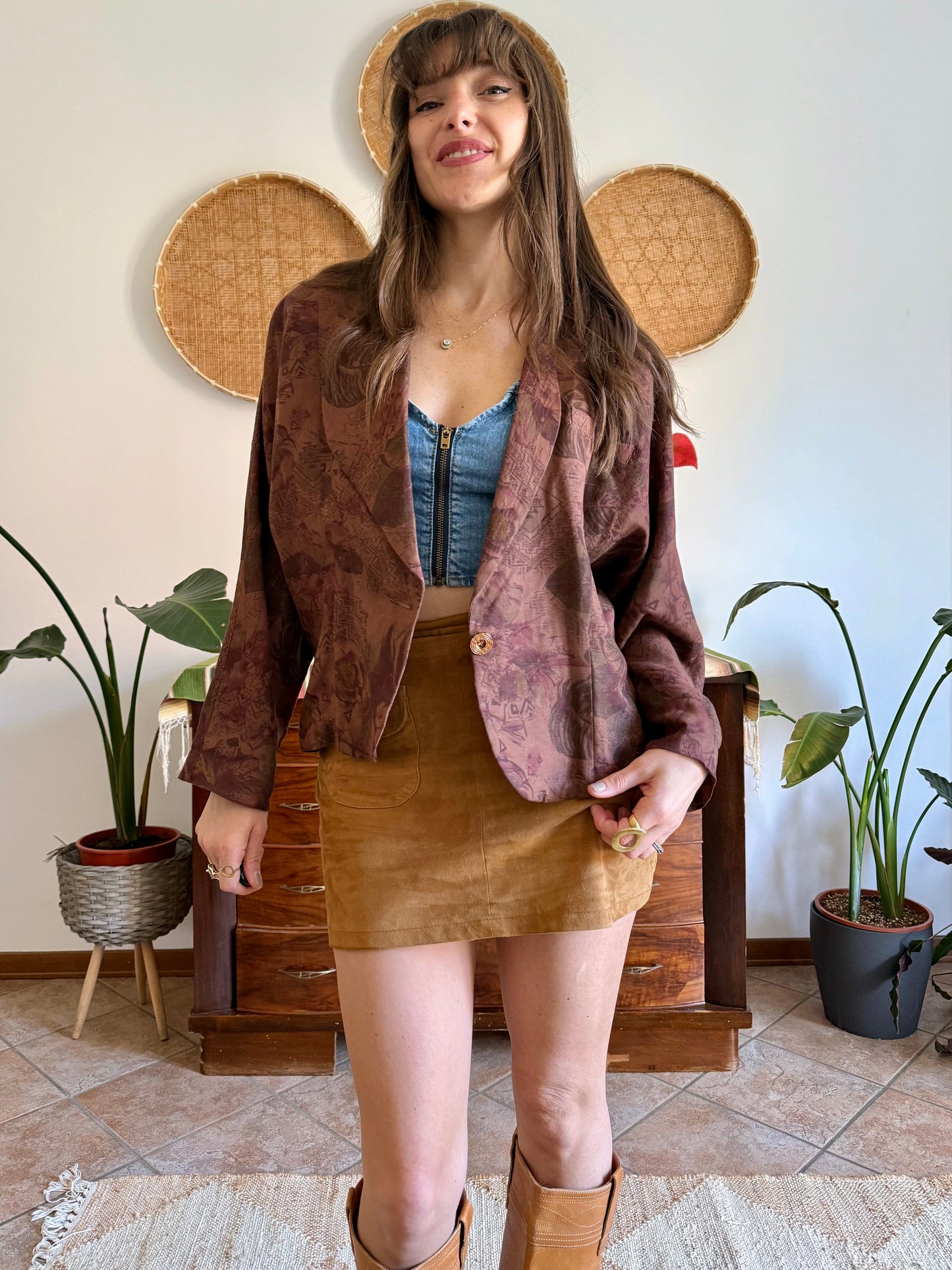 1970's vintage chocolate brown floral linen blazer