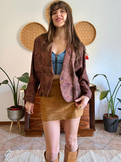 1970's vintage chocolate brown floral linen blazer
