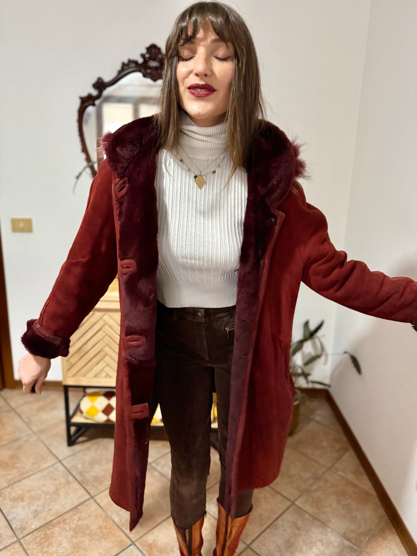 1970's vintage burgundy shearling montone coat with detachable hood