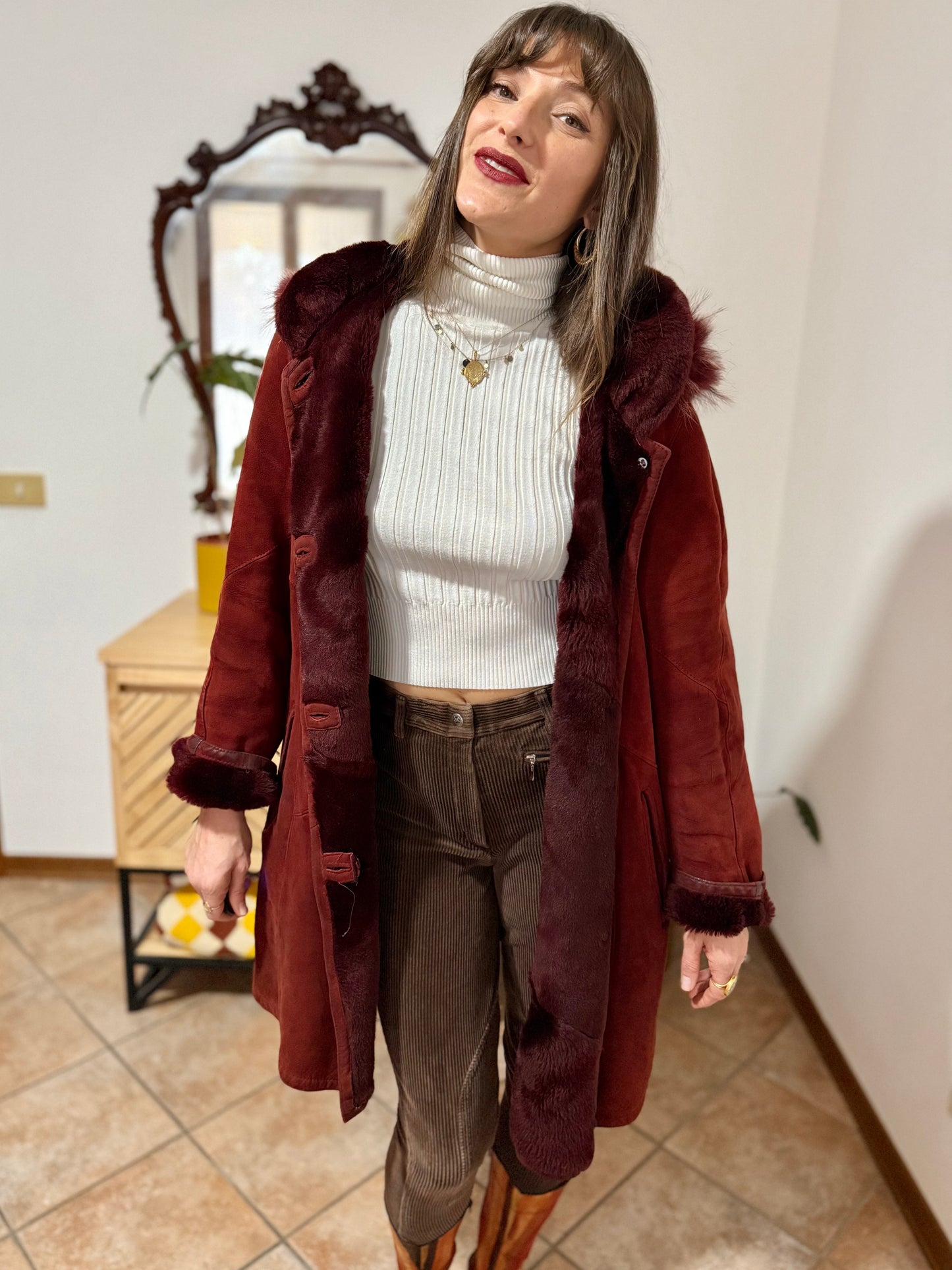 1970's vintage burgundy shearling montone coat with detachable hood