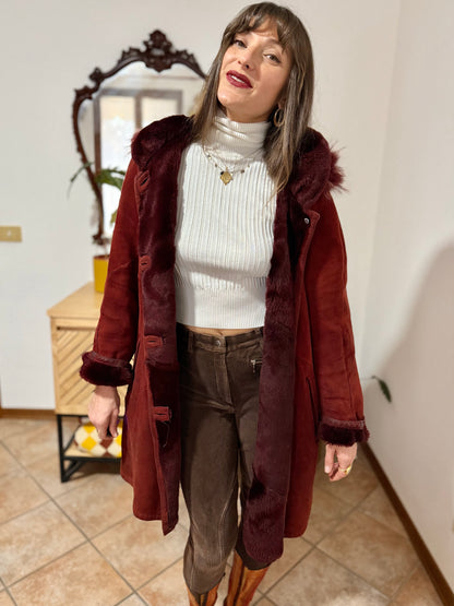 1970's vintage burgundy shearling montone coat with detachable hood