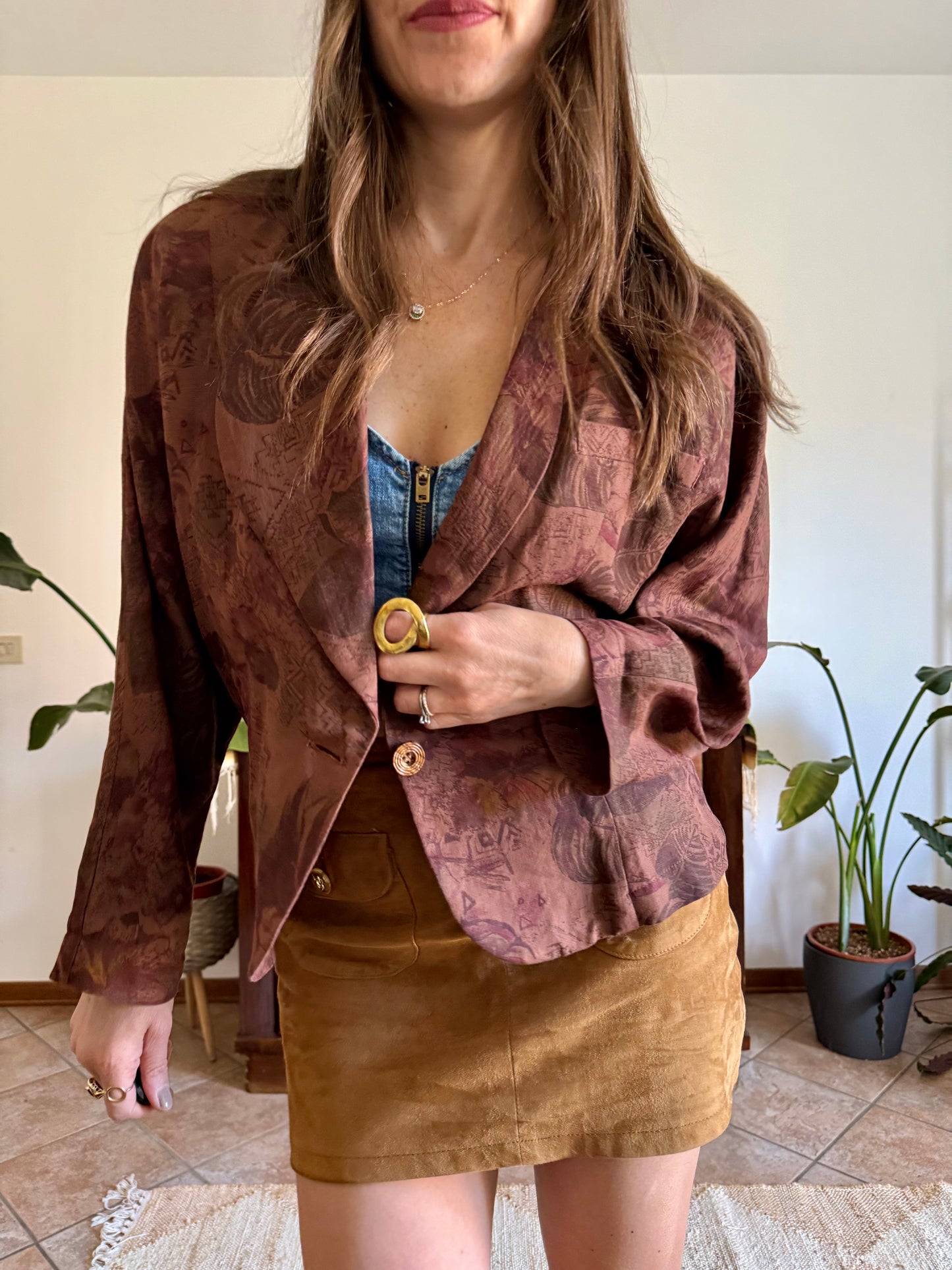 1970's vintage chocolate brown floral linen blazer
