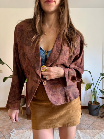 1970's vintage chocolate brown floral linen blazer