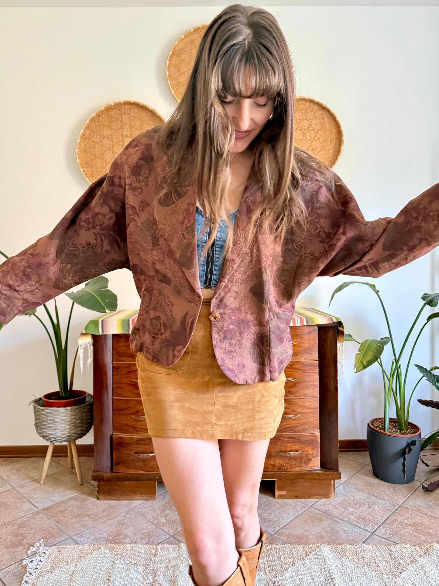 1970's vintage chocolate brown floral linen blazer