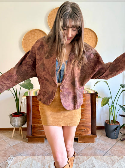 1970's vintage chocolate brown floral linen blazer