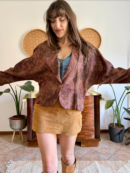 1970's vintage chocolate brown floral linen blazer