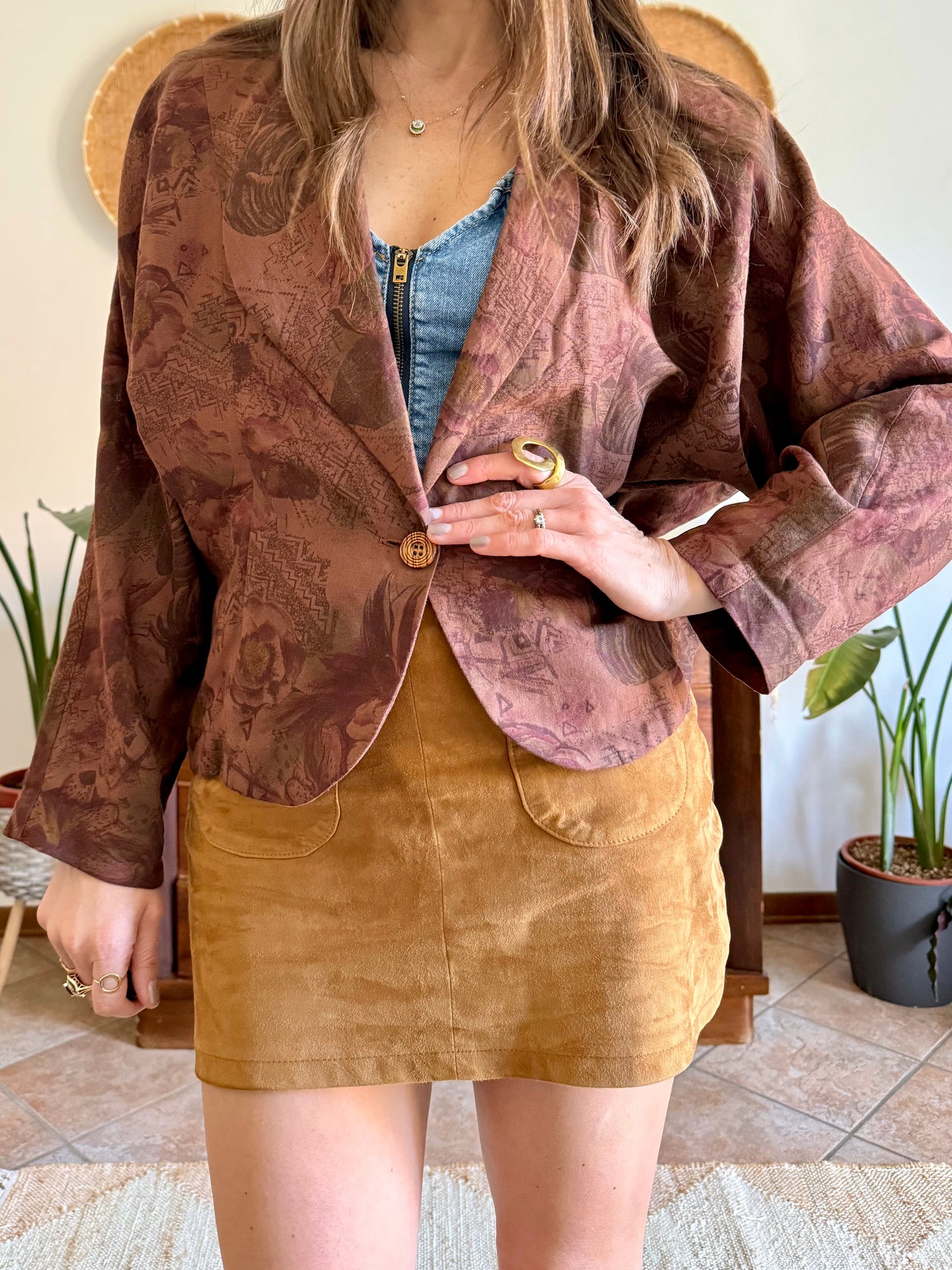 1970's vintage chocolate brown floral linen blazer