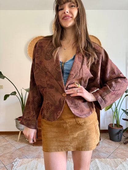 1970's vintage chocolate brown floral linen blazer