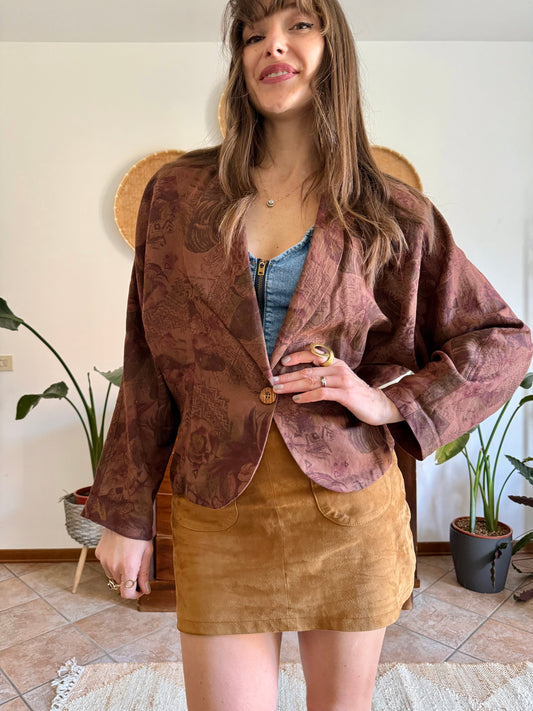 1970's vintage chocolate brown floral linen blazer