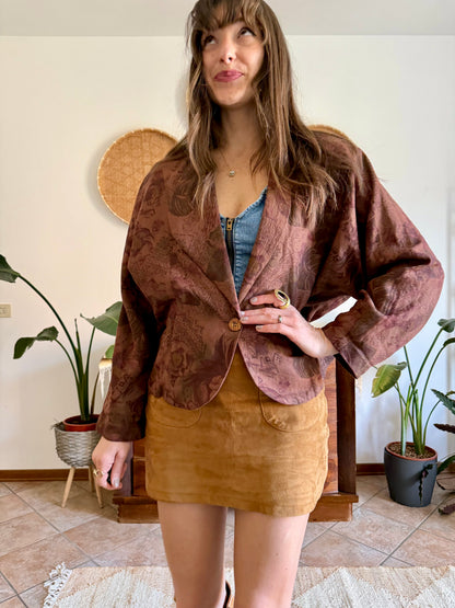 1970's vintage chocolate brown floral linen blazer