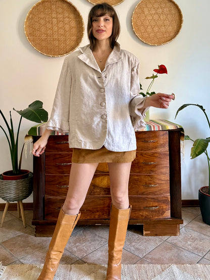 1990's vintage beige floral linen jacket with ruffle embroidered bell sleeves