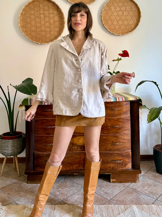 1990's vintage beige floral linen jacket with ruffle embroidered bell sleeves