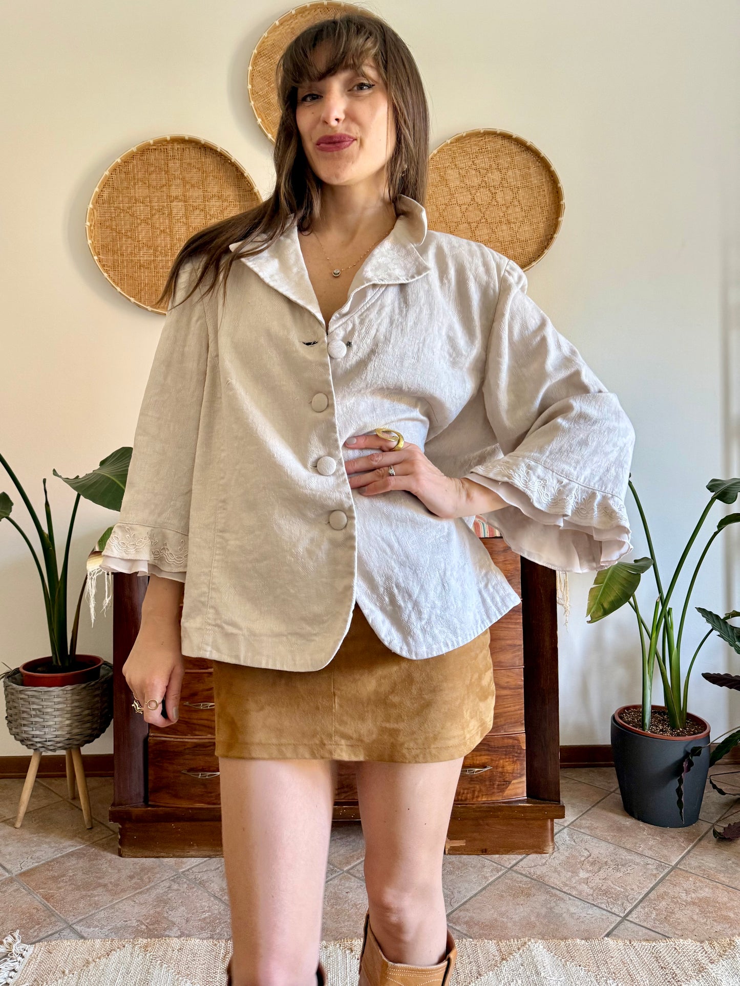 1990's vintage beige floral linen jacket with ruffle embroidered bell sleeves