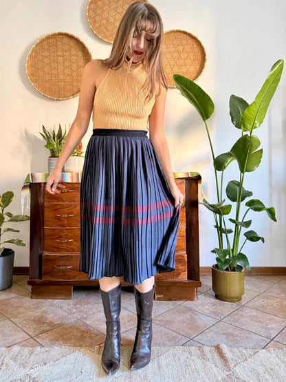Navy and burgundy satin pleated midi skirt