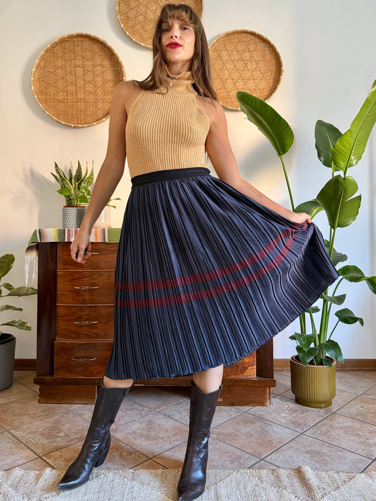 Navy and burgundy satin pleated midi skirt