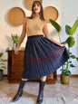 Navy and burgundy satin pleated midi skirt
