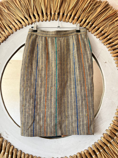 1990's vintage tan with multicolor pin stripe linen skirt