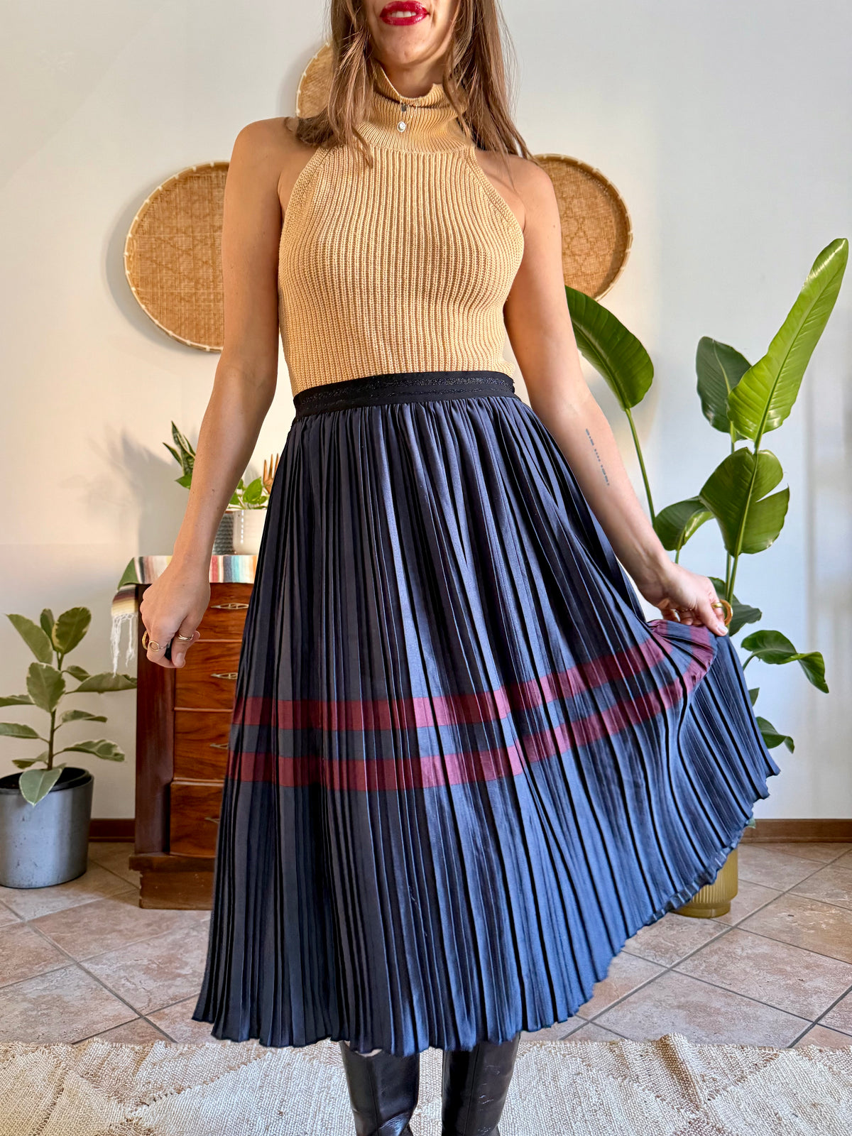 Navy and burgundy satin pleated midi skirt