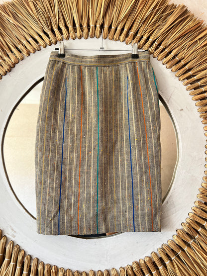 1990's vintage tan with multicolor pin stripe linen skirt