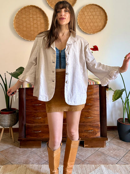 1990's vintage beige floral linen jacket with ruffle embroidered bell sleeves