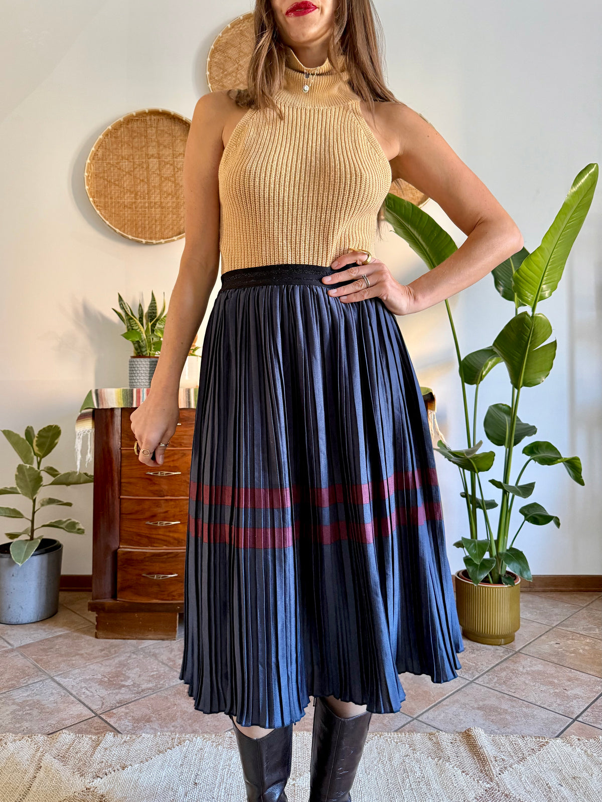 Navy and burgundy satin pleated midi skirt