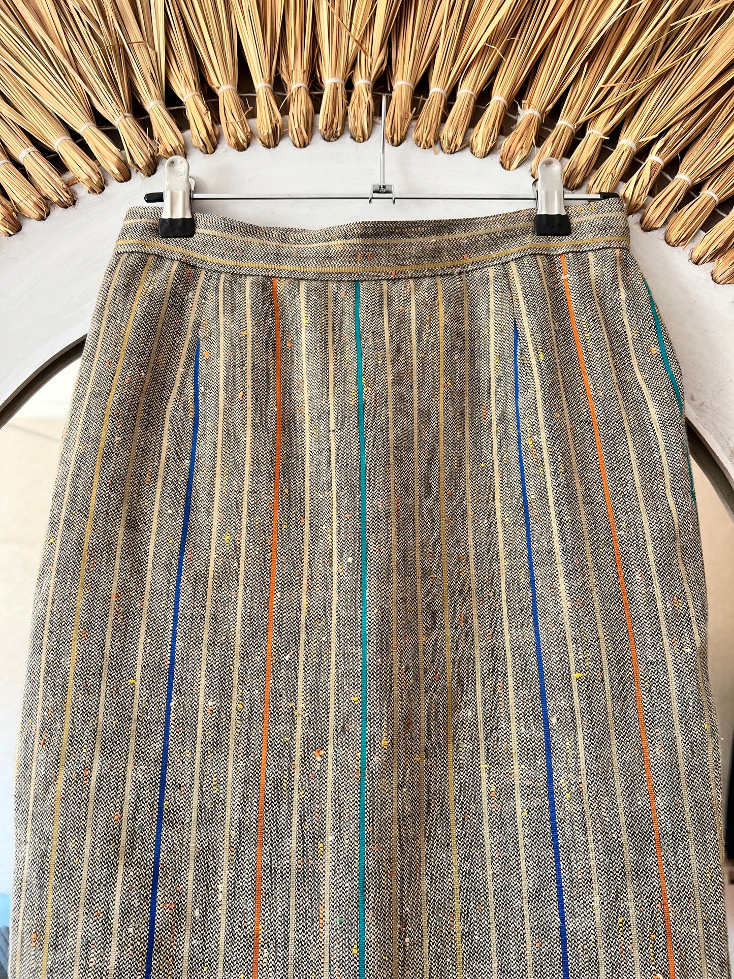 1990's vintage tan with multicolor pin stripe linen skirt