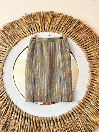 1990's vintage tan with multicolor pin stripe linen skirt