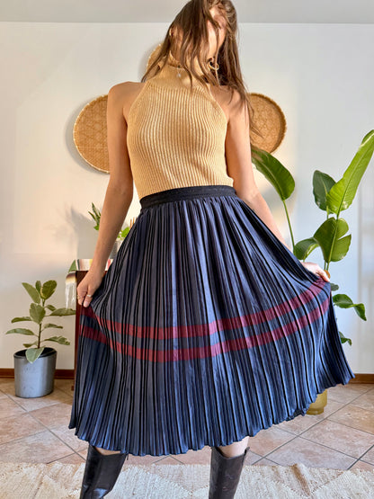 Navy and burgundy satin pleated midi skirt