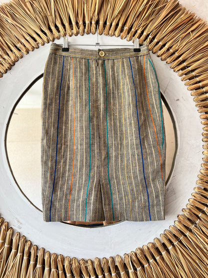 1990's vintage tan with multicolor pin stripe linen skirt