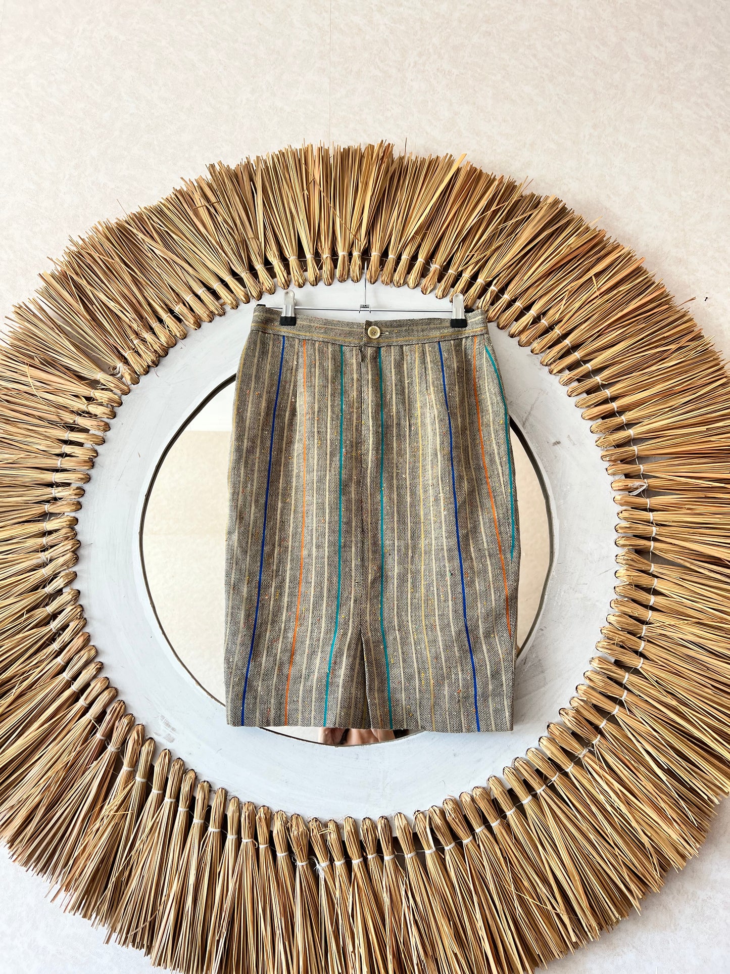 1990's vintage tan with multicolor pin stripe linen skirt