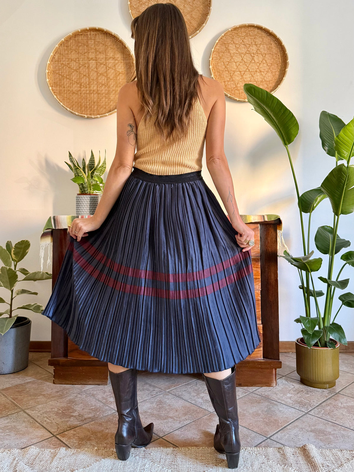 Navy and burgundy satin pleated midi skirt