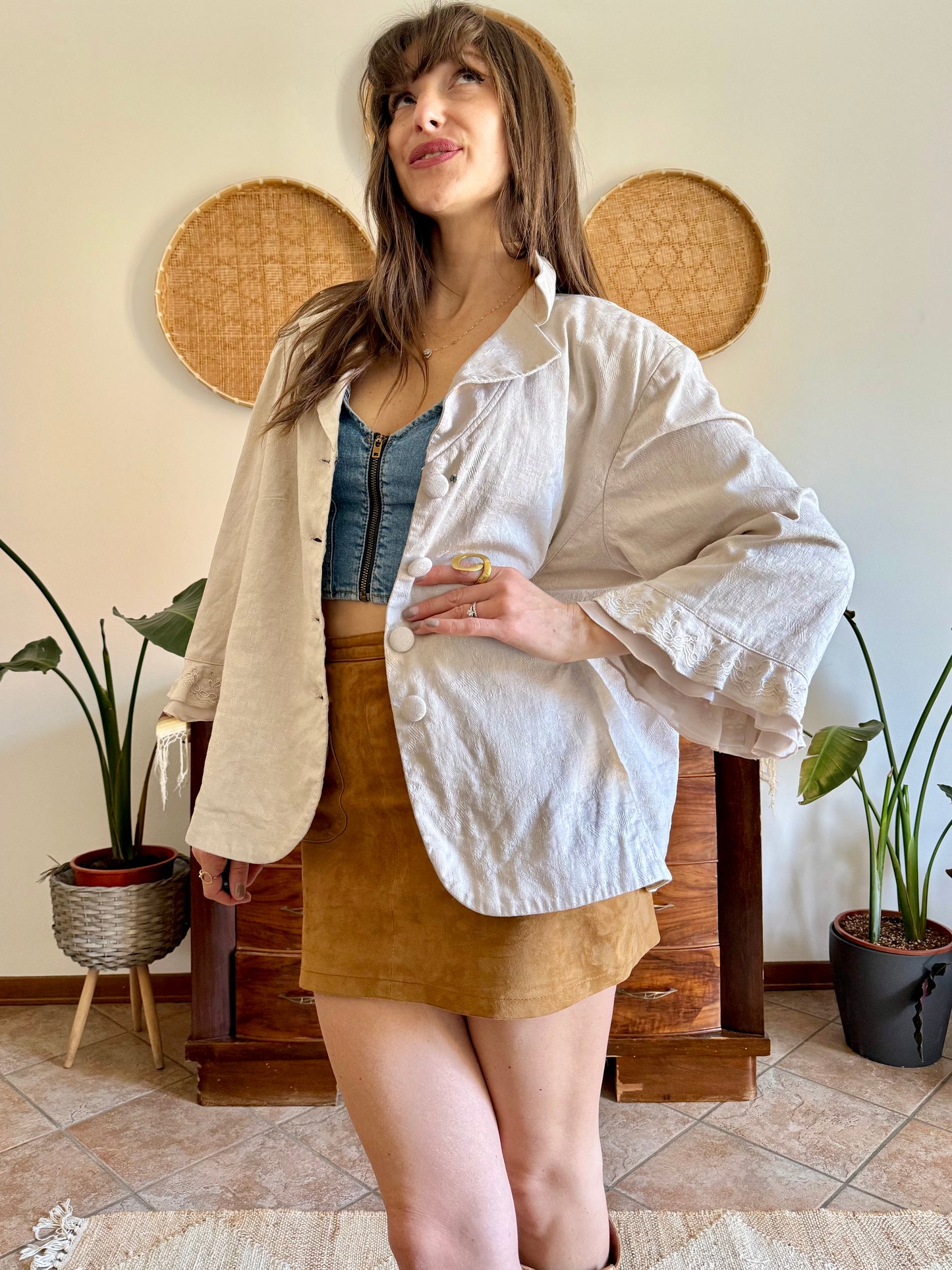 1990's vintage beige floral linen jacket with ruffle embroidered bell sleeves