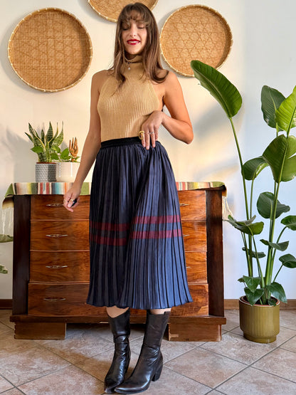 Navy and burgundy satin pleated midi skirt