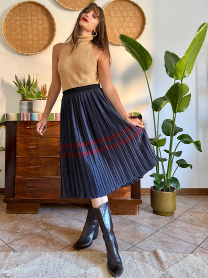 Navy and burgundy satin pleated midi skirt
