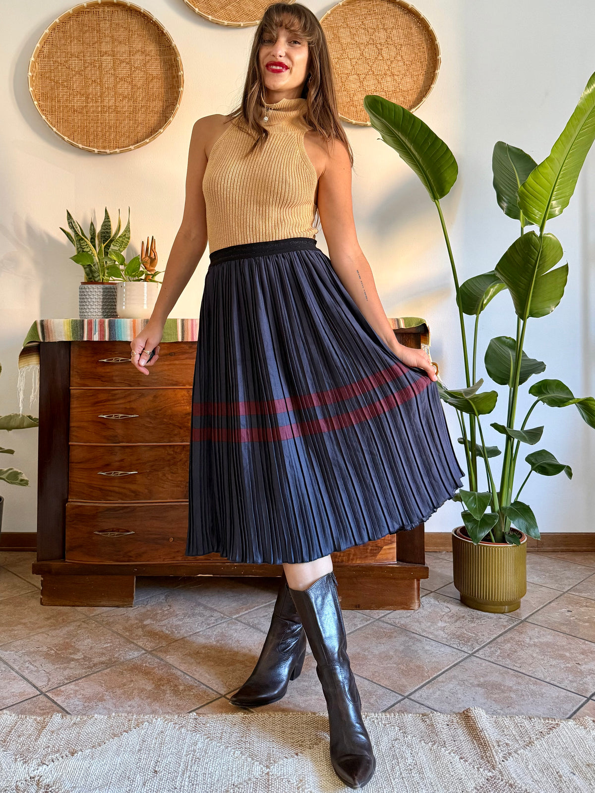 Navy and burgundy satin pleated midi skirt