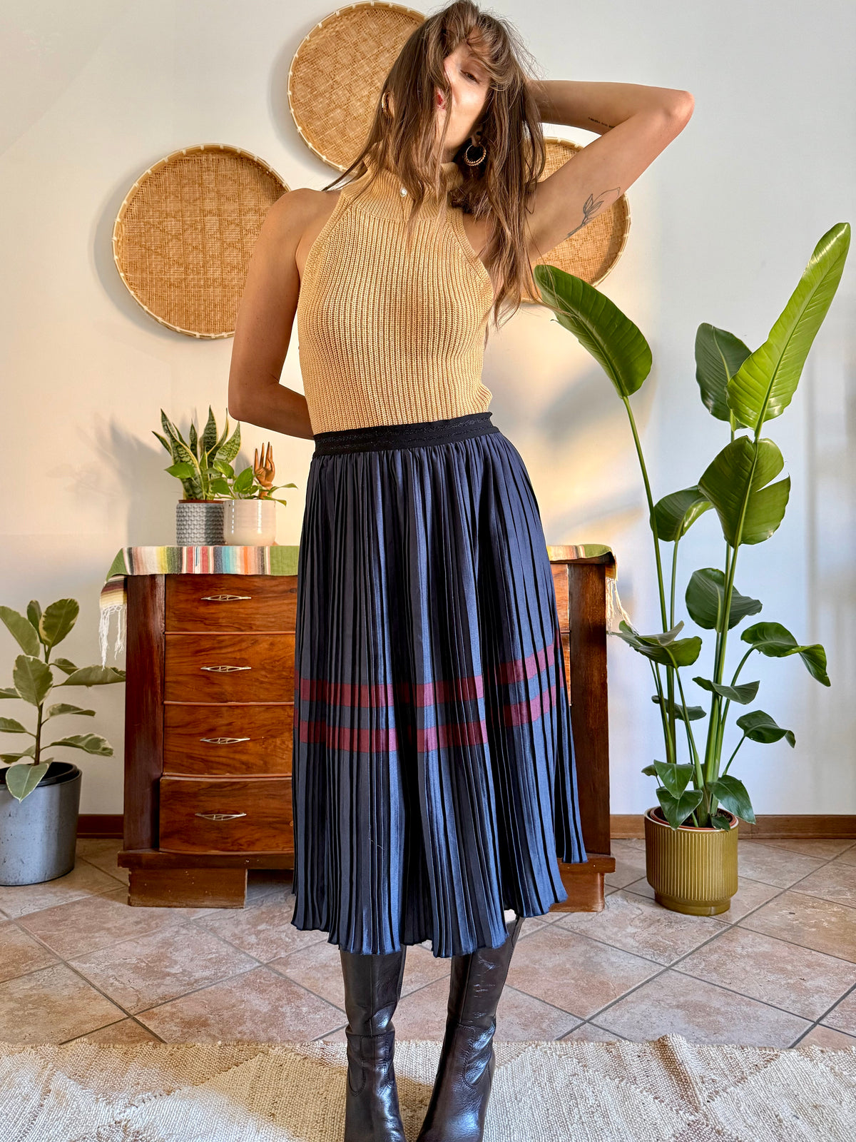 Navy and burgundy satin pleated midi skirt