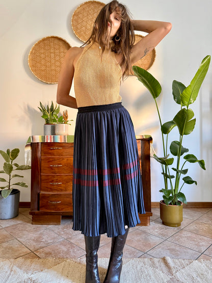 Navy and burgundy satin pleated midi skirt