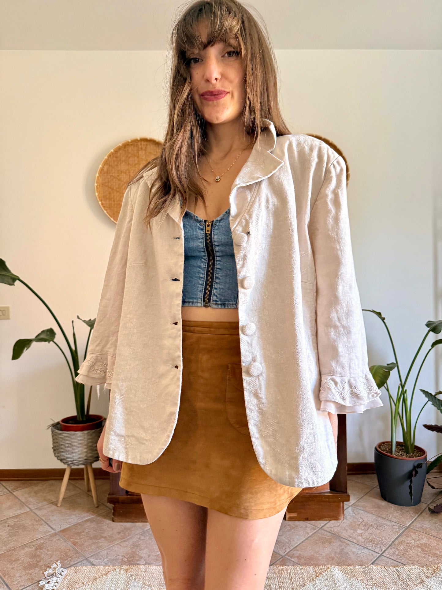 1990's vintage beige floral linen jacket with ruffle embroidered bell sleeves